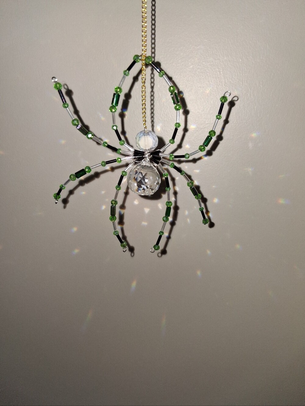 Beaded Crystal Spider Ornament - Green and Crystal Clear